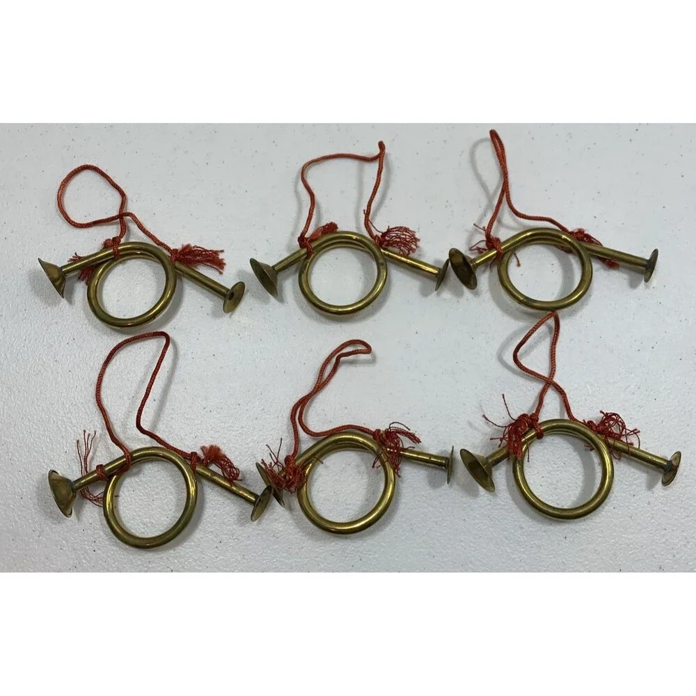 Vintage Mini Brass French Horn Ornament Christmas Tree Decorations SET OF 6